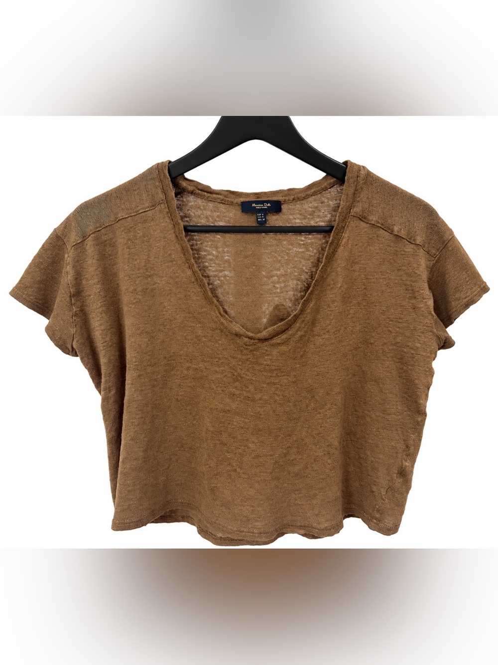 Massimo Dutti Brown Short-Sleeve Crop V-Neck Top